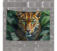 Small Wall Tapestry A Leopard with Green Eyes Surrounded by Money Tapestry Earthy Room Decor Funny Outdoor Decor(100X150CM)