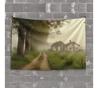 Small Wall Tapestry A Peaceful Rural Scene with A Dirt Road Leading to A Farmhouse On A Foggy Morning Tapestry Earthy Room Decor Funny Outdoor Decor(100X150CM)