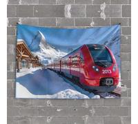Small Wall Tapestry A Red Train On Snowy Tracks with Mountains in The Background Tapestry Earthy Room Decor Funny Outdoor Decor(75X100CM)