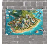 Small Wall Tapestry A Vibrant Coastal City Surrounded by Lush Green Mountains and Bustling with Activity Tapestry Outdoor Bar Decor Man CABE Decor(75X100CM)