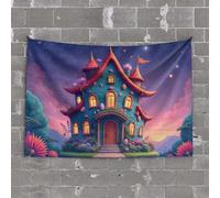 Small Wall Tapestry A Whimsical, Fairy-Tale House with Glowing Windows and Vibrant Flowers Tapestry Earthy Room Decor Funny Outdoor Decor(100X150CM)