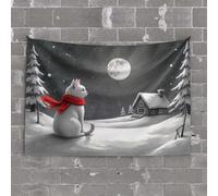 Small Wall Tapestry A White Cat Wearing A Red Scarf Sits in A Snowy Landscape Under A Full Moon Tapestry Earthy Room Decor Funny Outdoor Decor(75X100CM)