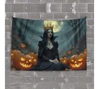 Small Wall Tapestry A Woman in A Black Dress with A Crown Sits Among Carved Pumpkins Tapestry Earthy Room Decor Funny Outdoor Decor(75X100CM)