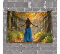 Small Wall Tapestry A Woman in A Blue Dress Walks Through an Autumn Forest Tapestry Earthy Room Decor Funny Outdoor Decor(75X100CM)