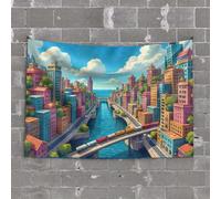 Small Wall Tapestry Colorful City with River and Bridges Tapestry Earthy Room Decor Funny Outdoor Decor(75X100CM)