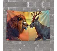 Small Wall Tapestry Lion and Deer Face Off in Vibrant Encounter Tapestry Earthy Room Decor Funny Outdoor Decor(100X150CM)