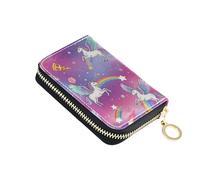Small Wallet for Women Cute Card Holder Wallets RFID Blocking Leather Zipper Card and Cash Holder Cartoon Unicorns Rainbow Universe