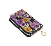 Small Wallets for Women RFID Blocking Credit Card Wallets Cute Leather Zipper Wallet with Coin Pocket Colorful Skull Rainbow Purple Floral