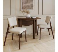 Small Walnut Drop Leaf Extendable Dining Table Set with 2 Upholstered Beige Chairs - Seats 2 - Nell