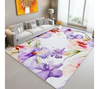 Small Washable Non-Slip Area Rugs 60 x 90 cm - Soft Low Pile Watercolor Delicate Floral Irises Printed Carpet for Living Room Bedroom Office, Stain Resistant Easy to Clean, Light Purple