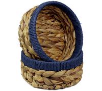 Small Water Hyacinth round baskets for storage Natural Blue edges for shelves open hamper. Decorative gift mini tray make up Kitchen organiser (2 x Pack, Medium 18cm)