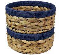 Small Water Hyacinth round baskets for storage Natural Blue edges for shelves open hamper. Decorative gift mini tray make up Kitchen organiser (2 x Pack, Large 22cm)