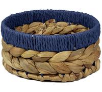 Small Water Hyacinth round baskets for storage Natural Blue edges for shelves open hamper. Decorative gift mini tray make up Kitchen organiser (1 x Pack, Medium 18cm)