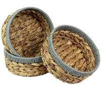 Small Water Hyacinth round baskets for storage Natural colour with grey edges shelves open. Decorative gift box Small bathroom mini tray makeup bathroom Kitchen organiser (Large 22cm, 3 X Basket)