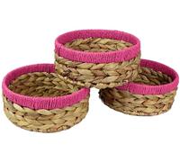 Small Water Hyacinth round baskets for storage Natural colour with Pink edges for shelves open hamper. Decorative gift bathroom storage mini tray make up bathroom Kitchen organiser (3, Large 22cm)