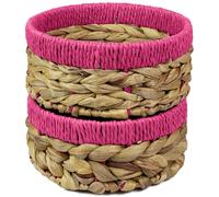 Small Water Hyacinth round baskets for storage Natural colour with Pink edges for shelves open hamper. Decorative gift bathroom storage mini tray make up bathroom Kitchen organiser (2, Medium 18cm)
