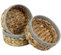 Small Water Hyacinth round baskets for storage Natural Light Grey edges for shelves open hamper. Decorative gift mini tray make up Kitchen organiser (3 x Pack, Large 22cm)