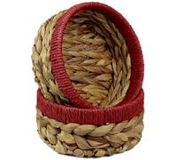 Small Water Hyacinth round baskets for storage Natural Red edges for shelves open hamper. Decorative gift mini tray make up Kitchen organiser (2 x Pack, Medium 18 cm)