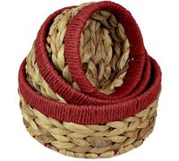 Small Water Hyacinth round baskets for storage Natural Red edges for shelves open hamper. Decorative gift mini tray make up Kitchen organiser (Set of Three, Large 22 cm)