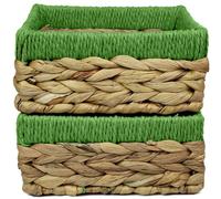 Small Water Hyacinth Square baskets for storage. Natural with Green edges for shelves open hamper decorative gift mini tray make up Kitchen organiser (2 x Pack, Medium 18cm)