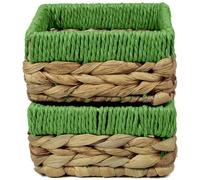 Small Water Hyacinth Square baskets for storage. Natural with Green edges for shelves open hamper decorative gift mini tray make up Kitchen organiser (2 x Pack, Small 14cm)