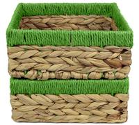 Small Water Hyacinth Square baskets for storage. Natural with Green edges for shelves open hamper decorative gift mini tray make up Kitchen organiser (2 x Pack, large 22cm)