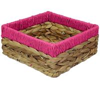 Small Water Hyacinth Square baskets for storage. Natural with Pink edges for shelves open hamper decorative gift mini tray make up Kitchen organiser (1 x Pack, Medium 18cm)