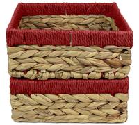 Small Water Hyacinth Square baskets for storage. Natural with Red edges for shelves open hamper decorative gift mini tray make up Kitchen organiser (2 x Pack, large 22cm)