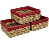 Small Water Hyacinth Square baskets for storage. Natural with Red edges for shelves open hamper decorative gift mini tray make up Kitchen organiser (3 x Pack, medium 18cm)