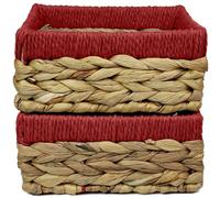 Small Water Hyacinth Square baskets for storage. Natural with Red edges for shelves open hamper decorative gift mini tray make up Kitchen organiser (2 x Pack, medium 18cm)
