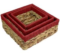 Small Water Hyacinth Square baskets for storage. Natural with Red edges for shelves open hamper decorative gift mini tray make up Kitchen organiser (Set of Three, large 22cm)