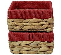 Small Water Hyacinth Square baskets for storage. Natural with Red edges for shelves open hamper decorative gift mini tray make up Kitchen organiser (2 x Pack, small 14cm)