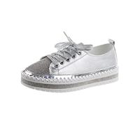 Small White Shoes Women's 2023 Diamond Encrusted Shoes with Sequins and Edging Fashion Sneakers Formal Shoes, Silver, 5.5 UK
