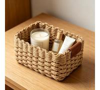 Small Wicker Storage Baskets,with Leather Label,Khaki,21x15x10cm (S,1PC) | Decorative Organizer Box for Bathroom, Bedroom, Kitchen, Office, Vanity, for Cosmetics, Toiletries and Sundries