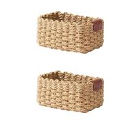 Small Wicker Storage Baskets,with Leather Label,Khaki,21x15x10cm (S,2PC) | Decorative Organizer Box for Bathroom, Bedroom, Kitchen, Office, Vanity, for Cosmetics, Toiletries and Sundries