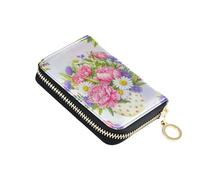 Small Womens Wallet Credit Card Protector RFID Blocking Leather Coin Purse Wallet with Zipper Elegant Pink Peonies Purple