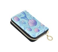Small Womens Wallets RFID Blocking Card Holder Cute Leather Zipper Coin Purse with Key Ring Cute Blue Dolphins Pastel Seashells