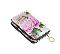 Small Womens Wallets RFID Blocking Credit Card Wallets Leather Zipper Wallet with Coin Pouch Pink Peonies Green Leaves