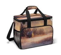 Small Wooden Cabin in Snowy Meadow Vintage Camping Cooler Bag Insulated Beach Coolers Portable Leak Proof Bags with Shoulder Strap