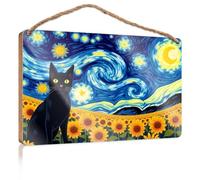 Small Wooden Signs with Sayings A Black Cat Stands Amidst Vibrant Sunflowers Under A Swirling Starry Sky Home Office Gifts Outdoor Wood Plaque Porch Signs(23X35CM)