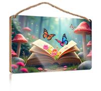 Small Wooden Signs with Sayings A Magical Forest Scene with an Open Book Surrounded By Flowers Home Office Gifts Outdoor Wood Plaque Porch Signs(23X35CM)