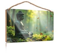 Small Wooden Signs with Sayings Buddha Statue Surrounded By Butterflies in A Serene Forest Setting Home Office Gifts Outdoor Wood Plaque Porch Signs(20X30CM)