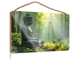 Small Wooden Signs with Sayings Buddha Statue Surrounded By Butterflies in A Serene Forest Setting Home Office Gifts Outdoor Wood Plaque Porch Signs(20X30CM)