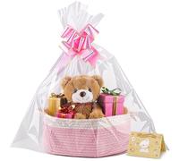 Small Woven Basket, 12" x 8" x 5" Gift Basket Empty with Ribbon and Gift Bag, Rope Basket for Baby Shower, Holiday Presents,Storage Basket with Handle for Nursery,Pet Toy Basket (White-Pink)