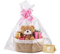 Small Woven Basket, 12" x 8" x 5" Gift Basket Empty with Ribbon and Gift Bag, Rope Basket for Baby Shower, Holiday Presents,Storage Basket with Handle for Nursery,Pet Toy Basket (White-Kaki)