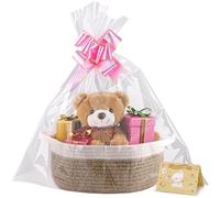 Small Woven Basket, 12" x 8" x 5" Gift Basket Empty with Ribbon and Gift Bag, Rope Basket for Baby Shower, Holiday Presents,Storage Basket with Handle for Nursery,Pet Toy Basket (White-Brown)