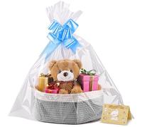 Small Woven Basket, 12" x 8" x 5" Gift Basket Empty with Ribbon and Gift Bag, Rope Basket for Baby Shower, Holiday Presents,Storage Basket with Handle for Nursery,Pet Toy Basket (White-Grey)