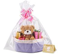 Small Woven Basket, 12" x 8" x 5" Gift Basket Empty with Ribbon and Gift Bag, Rope Basket for Baby Shower, Holiday Presents,Storage Basket with Handle for Nursery,Pet Toy Basket (White-Purple)