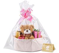 Small Woven Basket, 12" x 8" x 5" Gift Basket Empty with Ribbon and Gift Bag, Rope Basket for Baby Shower, Holiday Presents,Storage Basket with Handle for Nursery,Pet Toy Basket (White)