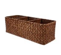 Small Woven Storage Basket with Three Compartments for Desktop Organization | Hand Woven Wicker, Khaki Finish, for Trinkets and Toiletries, Lightweight Carry, Tidy Workspace Use